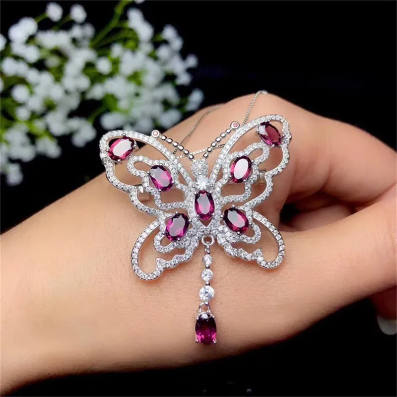 Real 925 Sterling Sliver Romantic Leaves Pendant Necklace  Natural Red Garnet For Women Wedding Fine Jewelry
