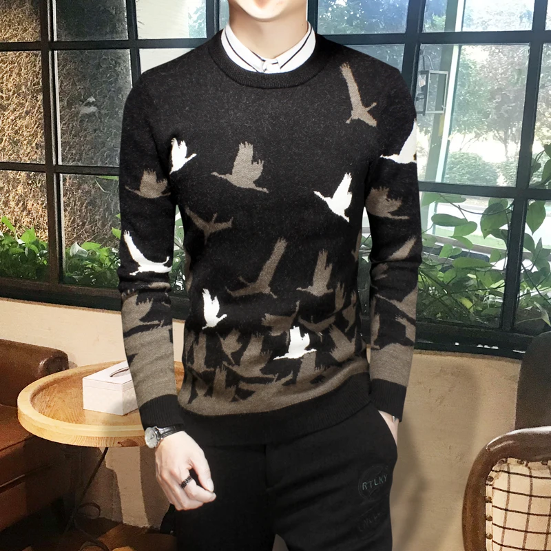 Зимний утолщенный мужской свитер тонкий теплый модный повседневный вязаный