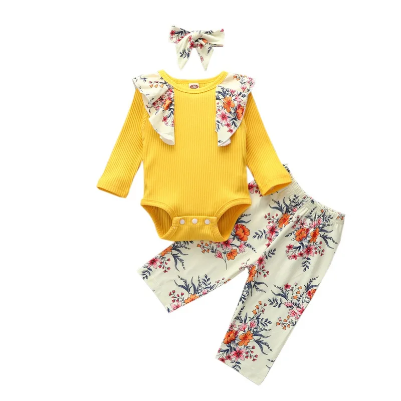 

3PCS Newborn Baby Girls Flower Printed Romper + Big Flower Pants + Cute Headband Outfits Baby Clothes Set