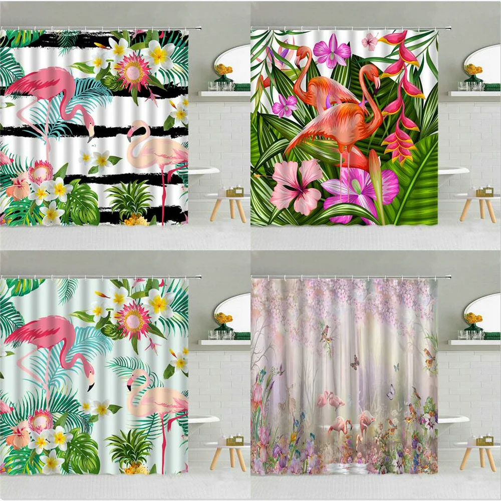 

Tropical Animal Flamingo Shower Curtains Green Plant Palm Leaf Flower Birds Fabric Bathroom Home Supplies With Hooks Decoration
