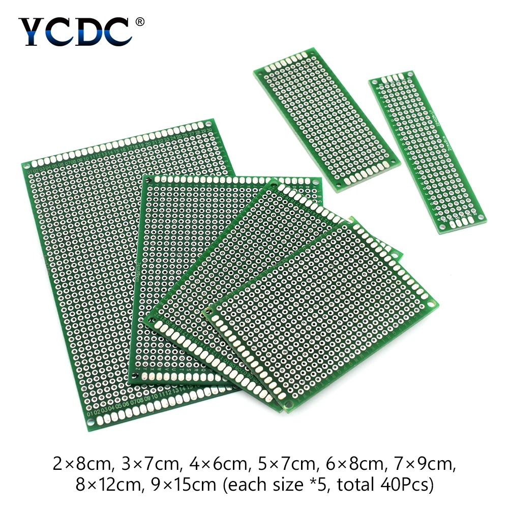 

40pcs Circuit Tinned Universal Stripboard PCB Prototype Board 2.54mm Veroboard Double Side 2X8 3X7 4X6 5X7 6X8 7X9 8X12 9X15CM