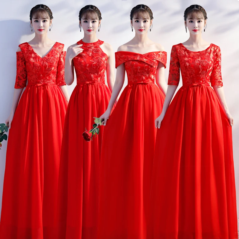 Бургундское платье подружки невесты с v-образным вырезом красные длинные