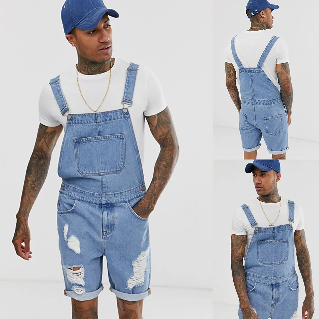 

supply retro men s denim hole conjoined tooling overalls overalls