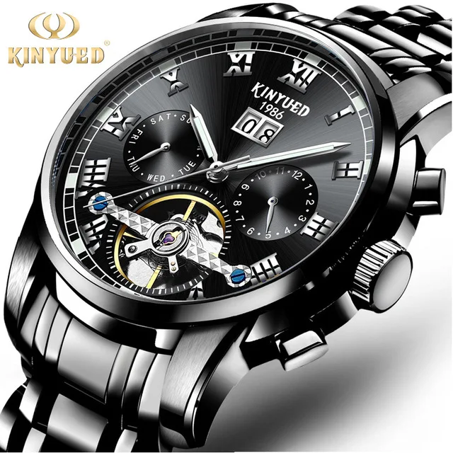 

KINYUED Men's Stainless Steel Tourbillon Automatic Mechanical Watch Fashion Multifunction Dial Business Male Wristwatches