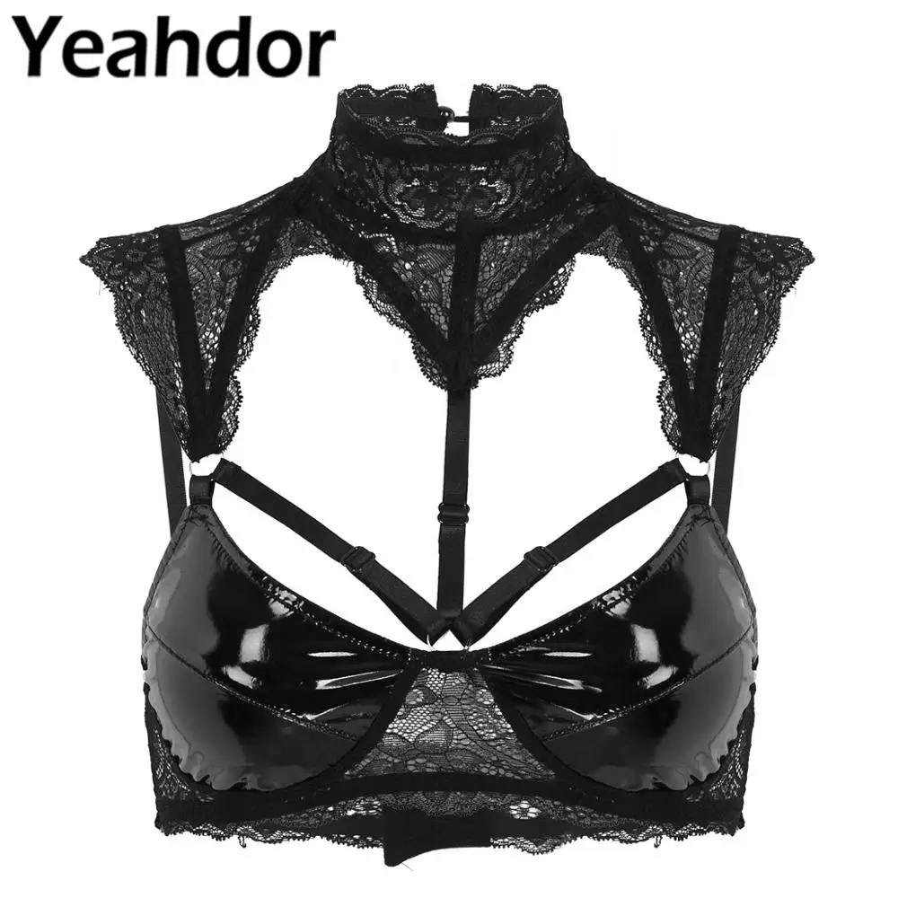 

Womens Sexy Bra Erotic Sheer Lace Halter Neck Patent Leather Hollow Out Wire-free Unlined Bra Crop Tops