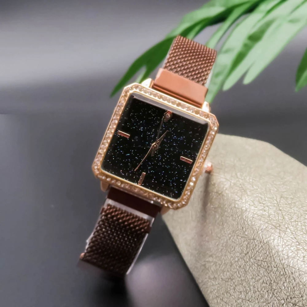 

Square Watches For Women Luxury Starry Sky Dial Magnetic Ladies Quartz Watch Bracelet Set Simple Rose Gold Mesh Women Watch