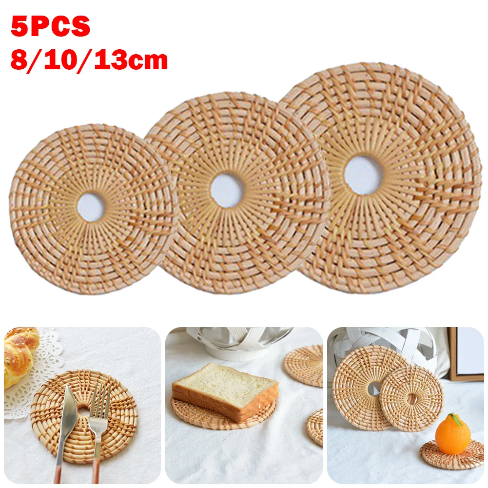 

5Pcs Rattan Coaster Kitchen Tablemat Round Cup Placemats Rustic Handmade Coasters For Kitchen Table Drinks Pad Home Decoration