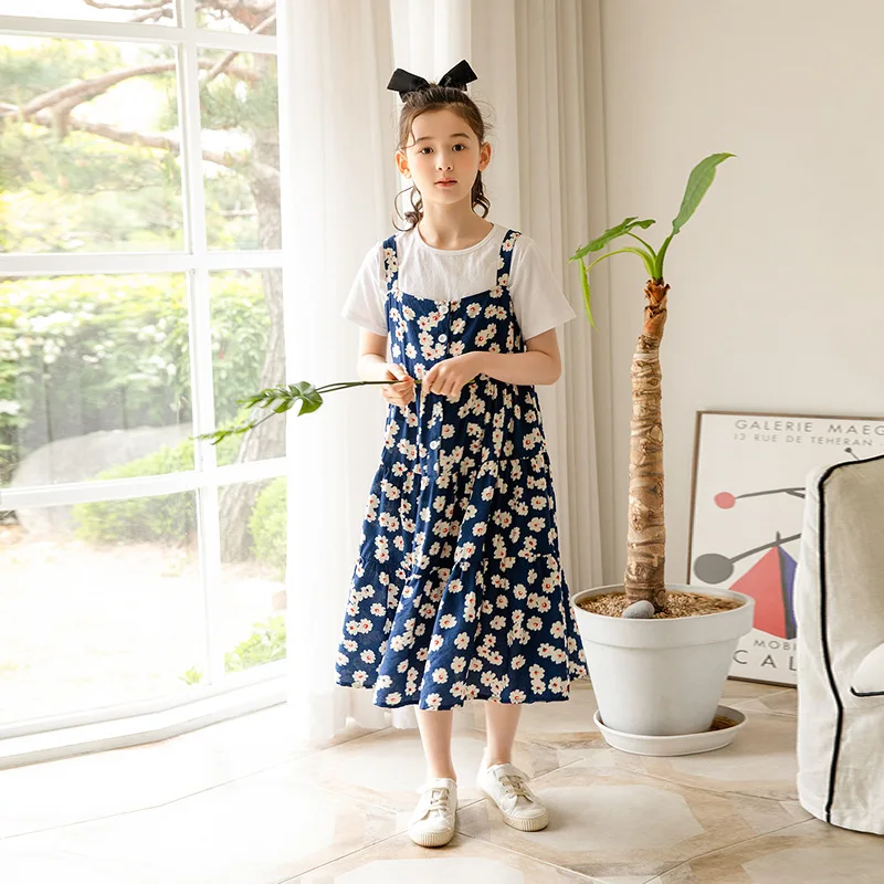 

Korean Girls Sweet Floral Print Dress Clothes Set Summer 8 10 12 years Fashion Casual Cotton Dress