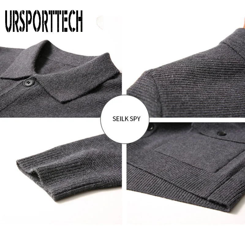URSPORTTECH Men Cardigan Sweater Streetwear Fashion Sweater Coat Men Autumn Winter Warm Cashmere Woolen Cardigan Men With Pocket