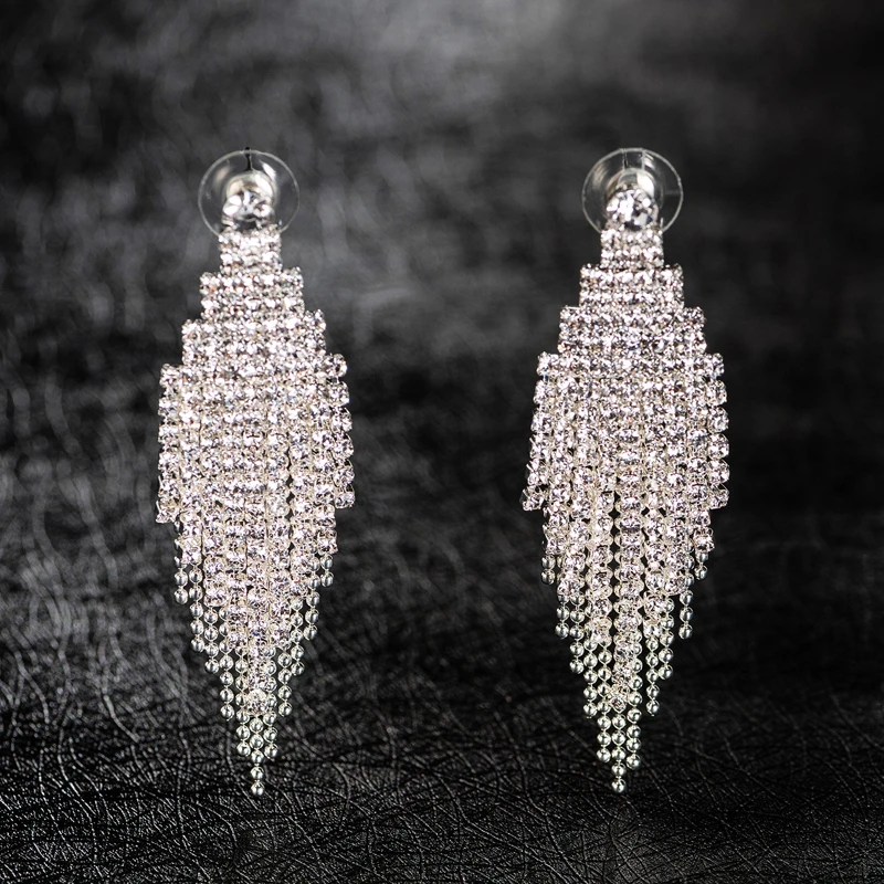 New Long Tassle Earrings For Women Statement Full Rhinestone Dangling Drop Bride Jewelry | Украшения и аксессуары