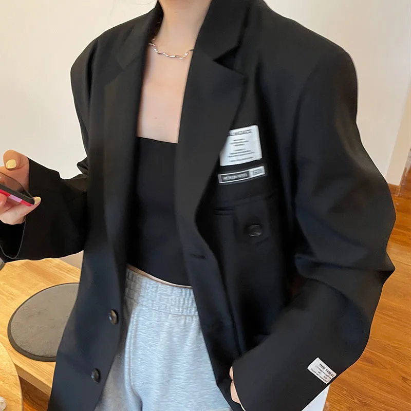 

SHENGPALAE Fashion Temperament Black Blazer Women's Autumn 2021 New Notched Loose Single Breasted Long Sleeve Suit Jacket 5E2827