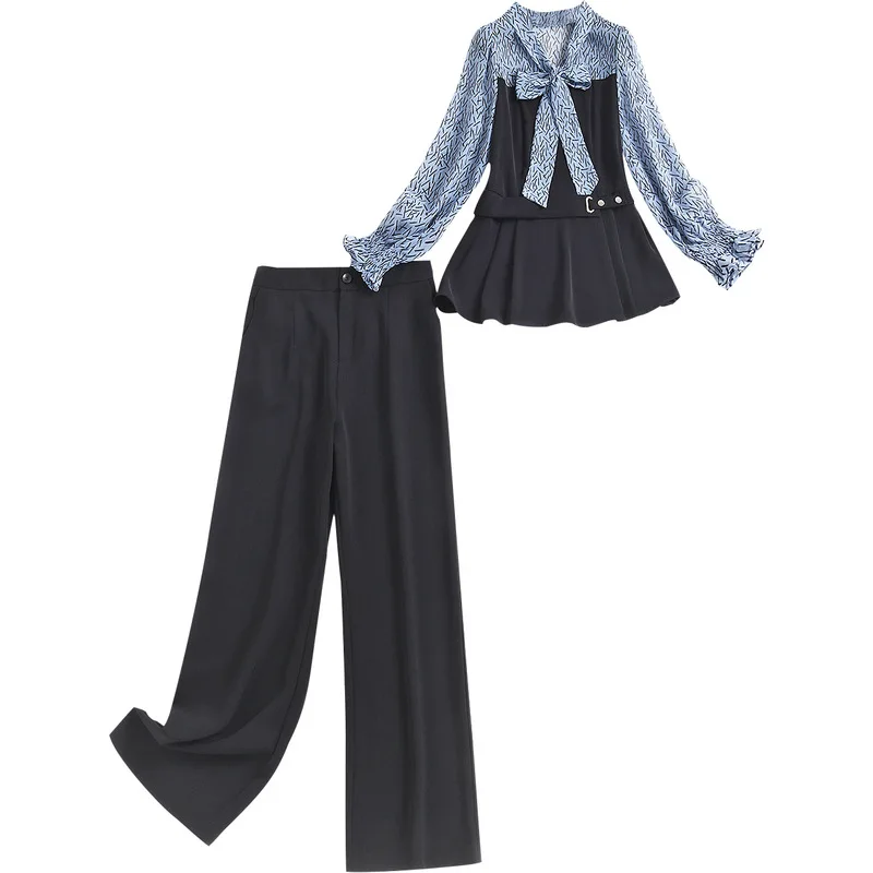 

2021 Trend Women Blouse Patched Colors Print Lace Up Lantern Sleeve Sashes Office Lady Casual Black Wide Leg Pants Spring Suit