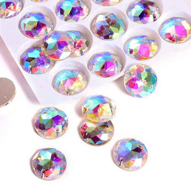 36pcs 14mm Glass Strass Crystal AB Round Gird Sew On Rhinestones White Holes Sew-on Stones For Clothes Decoration B1012 | Дом и сад
