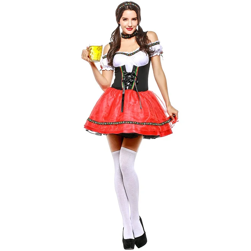 

Women German Bavarian Oktoberfest Dress Headband Set Halloween Cosplay Costumes Beer Maid Waiter Restaurant Work Clothes Dresses