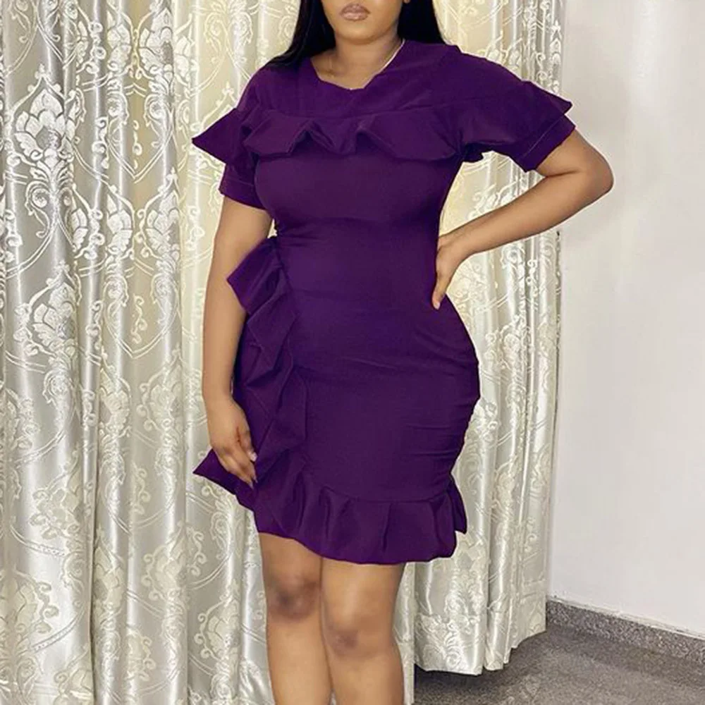 

Ruffled Round Neck Dress Purple Bag Hip Skirt Summer Slim Short Skirt Dresses 2021 New