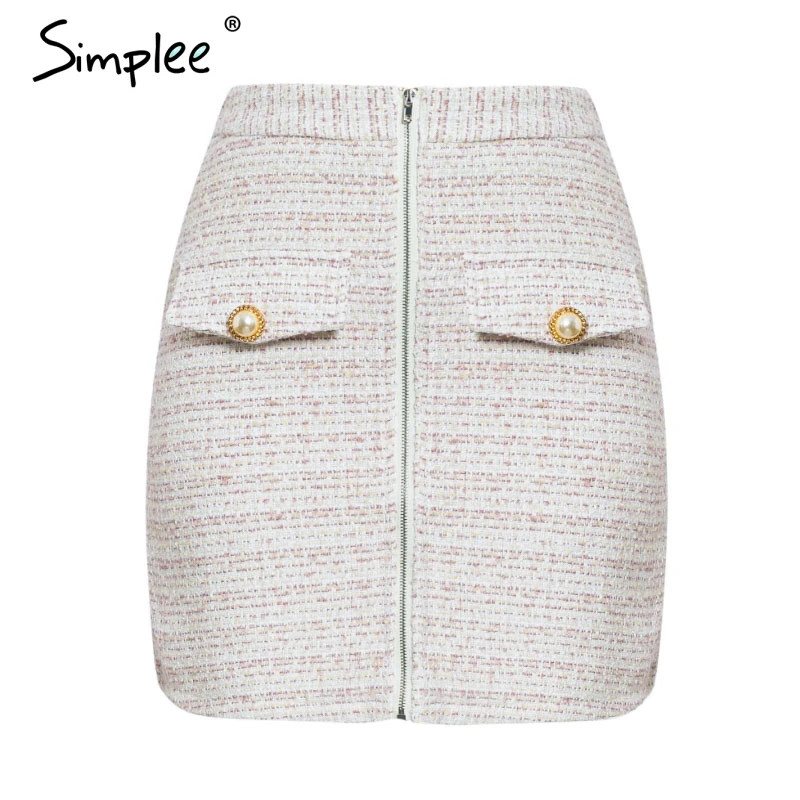 plaid Simplee элегантная женская клетчатая юбка с высокой талией, с карманами и жемчужными пуговицами, Осень-зима, женские юбки трапециевидной формы на молнии, женские мини-юбки - Цвет: plaid