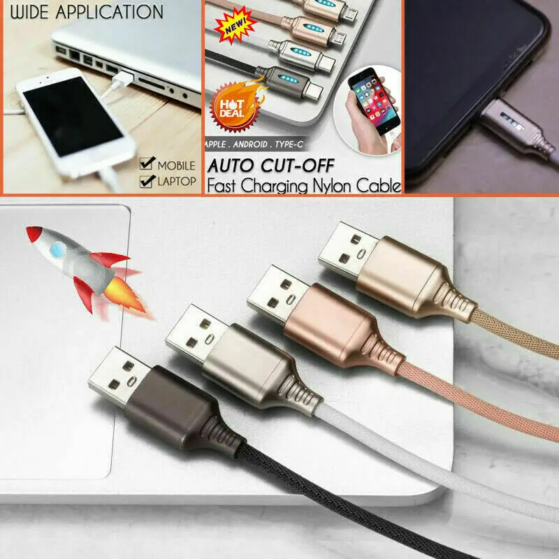 Apple &ampAndroid and Type-C Auto Cut-off Fast Charging Nylon Cable Smart Disconnec Intelligent Data Line | Мобильные телефоны и