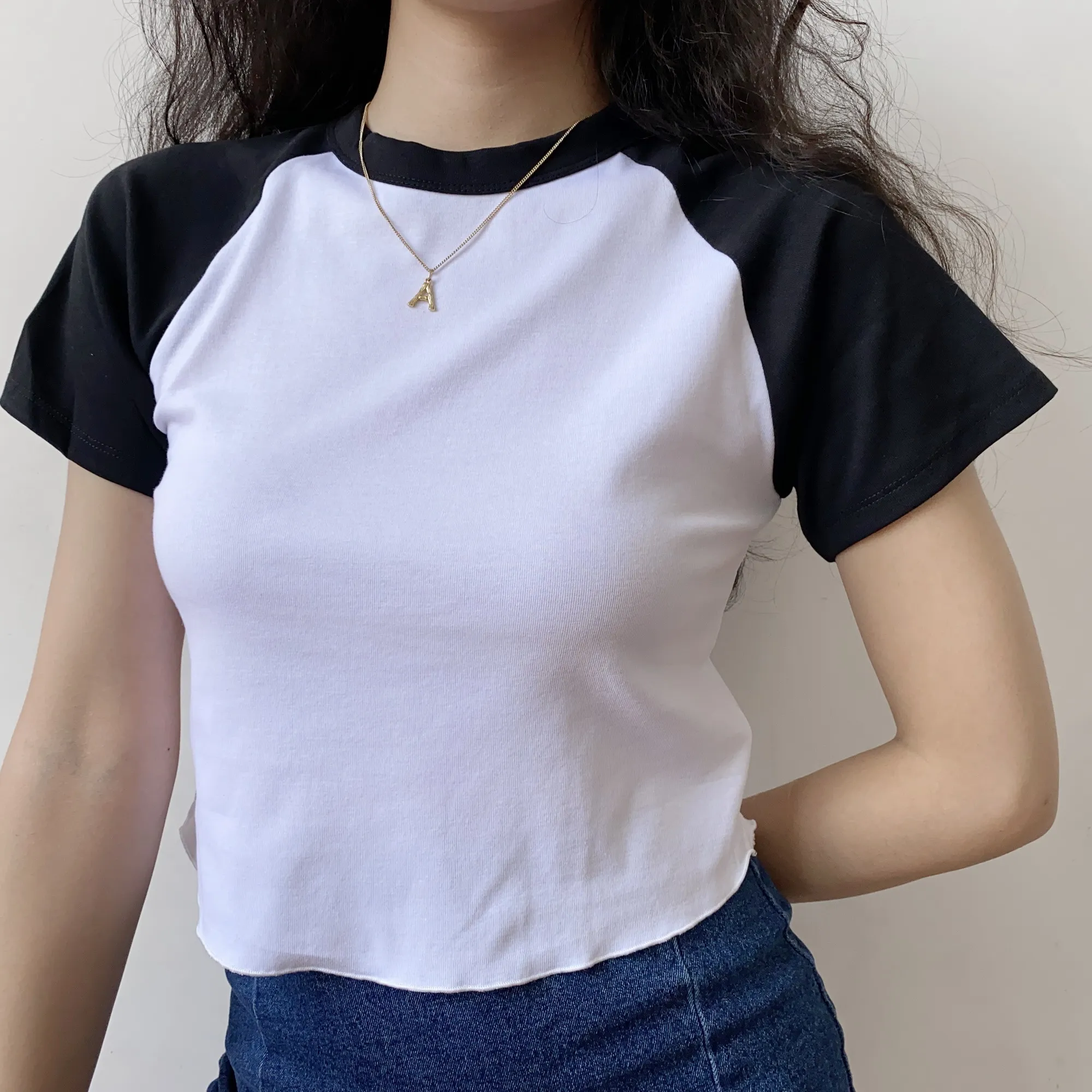 

American retro casual t-shirt with shoulder-sleeved arc hem short-sleeved women's slightly loose top