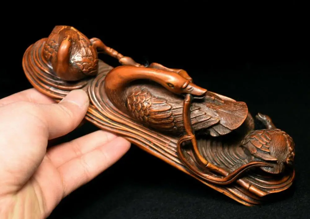 

wedding decoration 8" Old China Folk Boxwood Wood Carving goosey goosie branch Statue paper weight