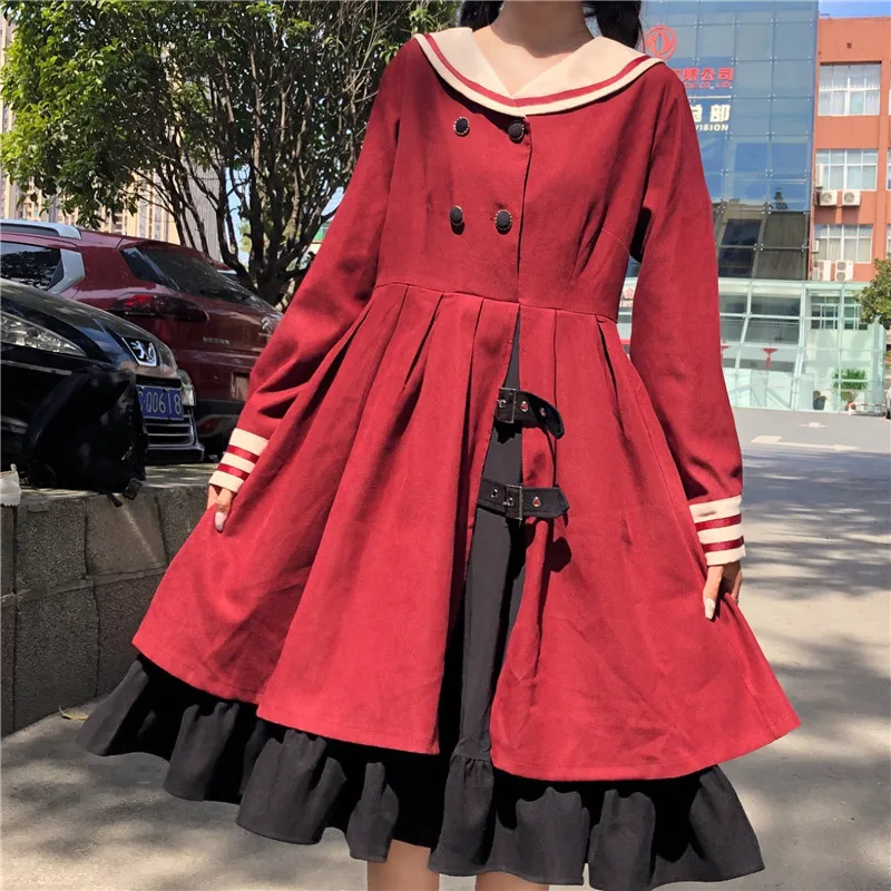 

Autumn winter Women dress Japan style Loose Sailor collar Ruffles Sweet cute dress female bing cute clothes for women 2020