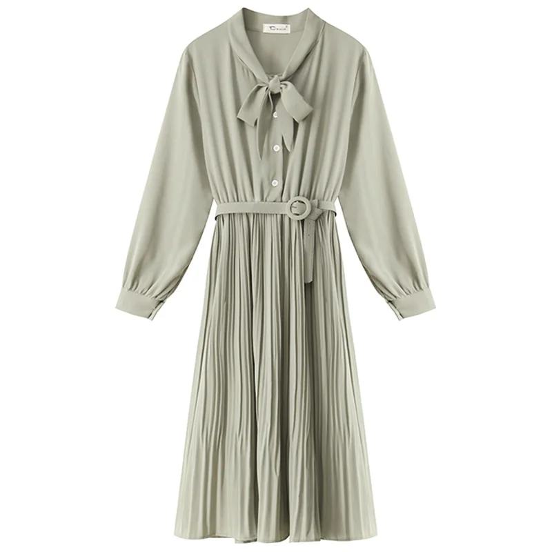 Женское винтажное однобортное платье-трапеция с бантом на шее поясом и высокой