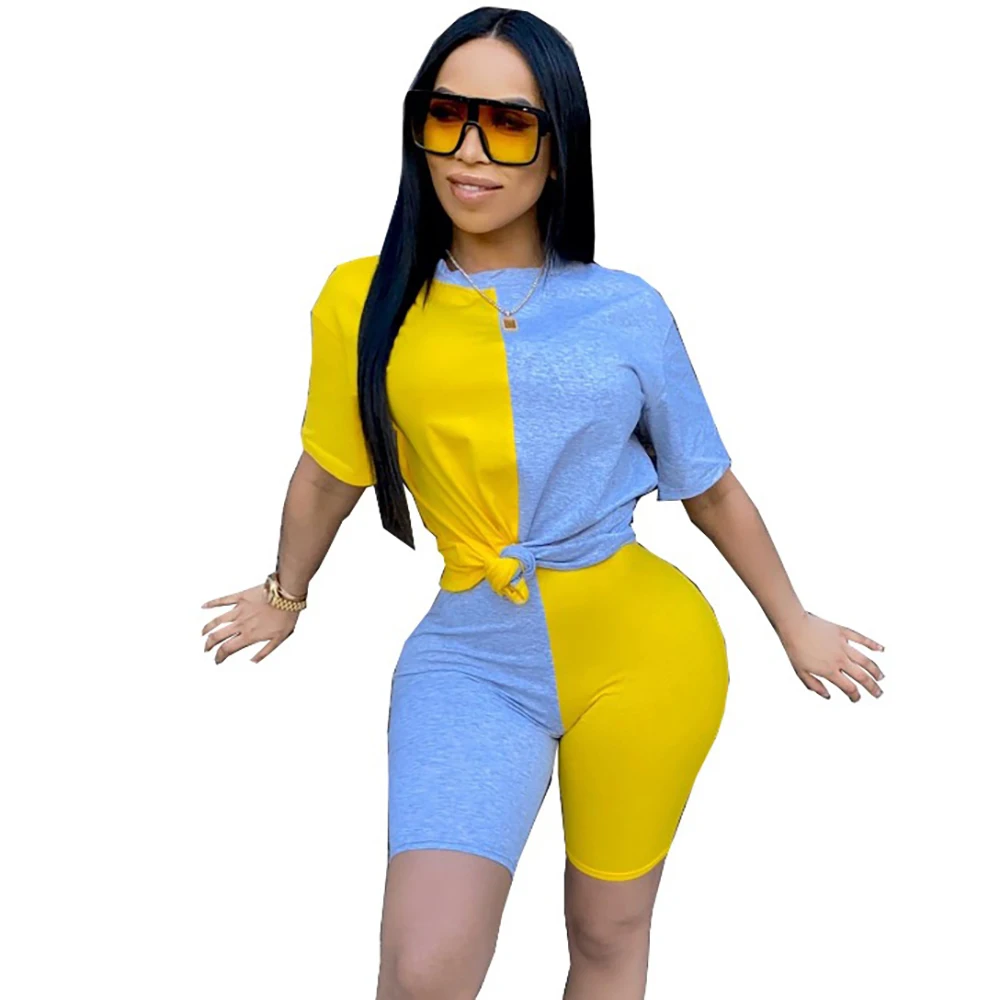 

Summer Women's Shorts Sets personality contrast color tight-fitting Casual Sexy Tops with shorts Two piece Set Women