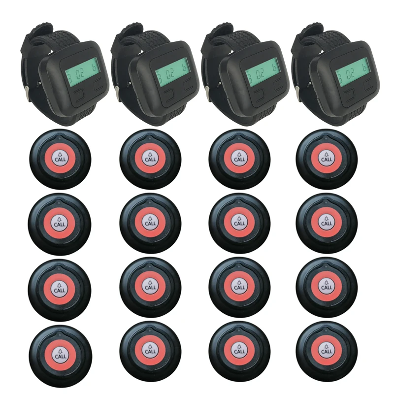 Wireless Calling System 4 Wristwatch Receiver +16 Pagers Call Me By Your Name For Restaurant Full Table Service