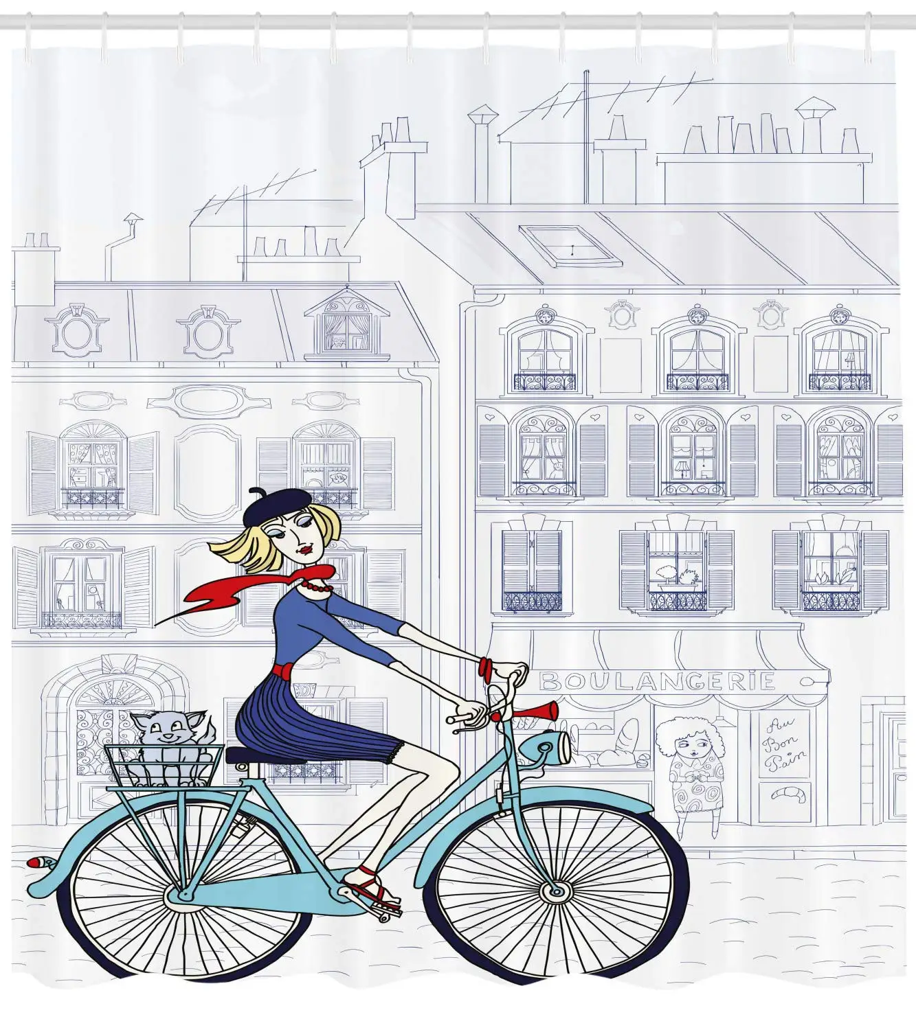 

Woman Riding a Bicycle in Paris with a Cat European French Style Illustration Bathroom Decor