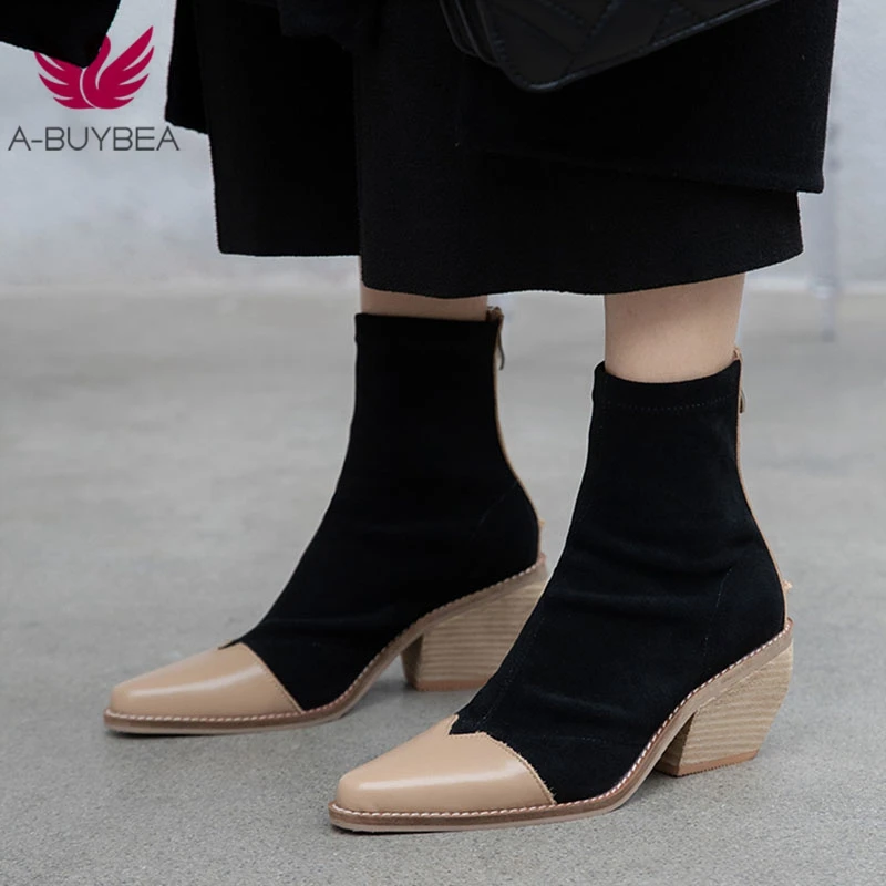 Женские замшевые ботильоны Лоскутные ботинки из натуральной кожи с острым