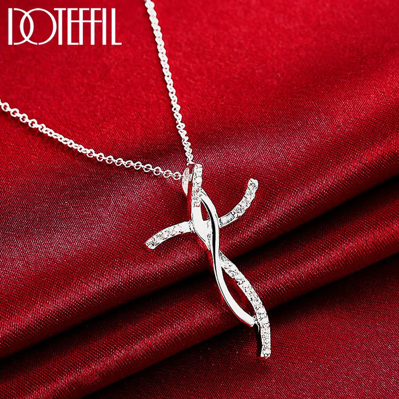 

DOTEFFIL 925 Sterling Silver 18 Inch Cross AAA Zircon Pendant Necklace For Women Fashion Wedding Party Charm Jewelry