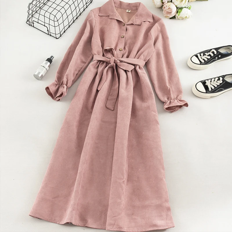 Винтажное однобортное женское платье 2019 элегантное с отворотом длинным рукавом