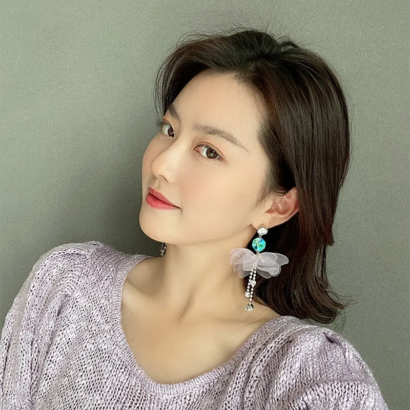 

MENGJIQIAO Korean Sweet Yarn Bowknot Elegant Pearl Long Tassel Drop Earrings For Women Fashion Holiday Party Jewelry Gifts