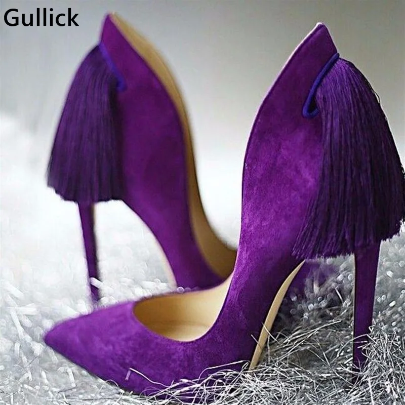 

Big Size 34-42 Elegant Purple Back Fringed Shallow Thin High Heels Ladies Wedding Banquet Pumps Zapatos Mujer Real Photos