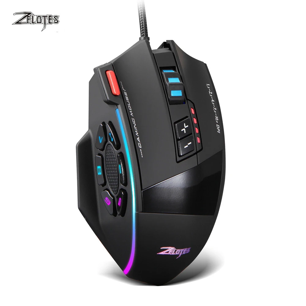 ZELOTES C-13 Проводная USB 10000 dpi оптическая игровая мышь 12 программируемых кнопок компьютерная игровая мышь 5 регулируемых dpi 7 светодиодный фонарь
