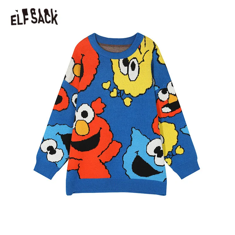 Женский Повседневный вязаный пуловер ELFSACK синий с длинными рукавами и мультяшным