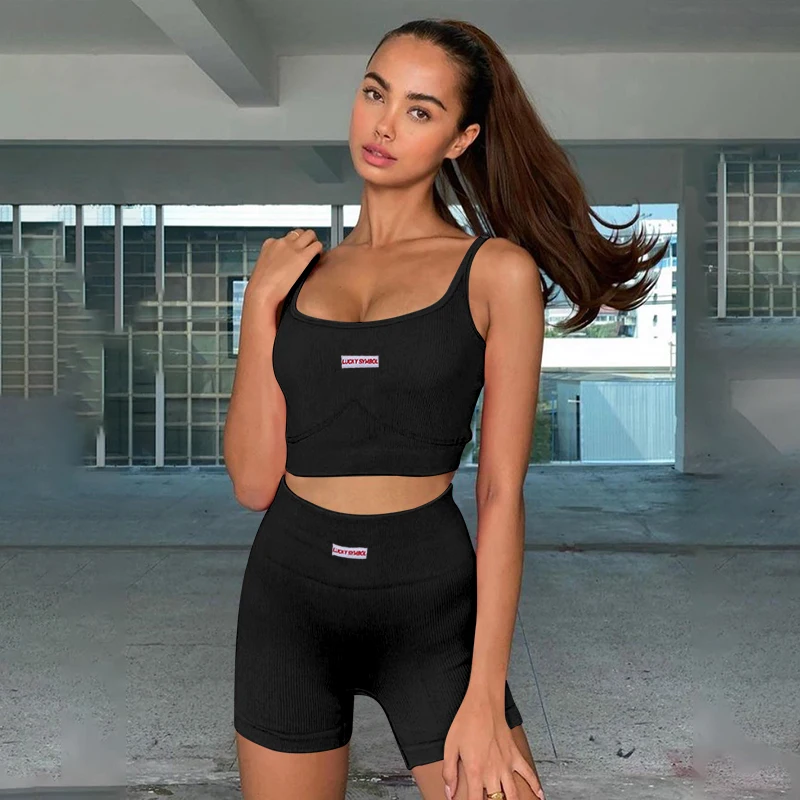 

FUFUCAILLM 2pcs Sporty Sets Women Letter Label Sling Tops + Skinny Shorts Summer Casual Ribbed Gym Running Tracksuit Loungwear