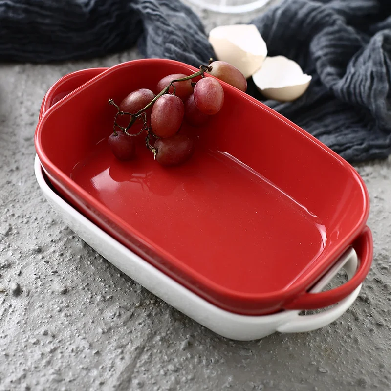 

Новая красно-белая керамическая тарелка для выпечки с двумя ушками миска для риса керамическая посуда тарелка для выпечки хлеба обеденные тарелки