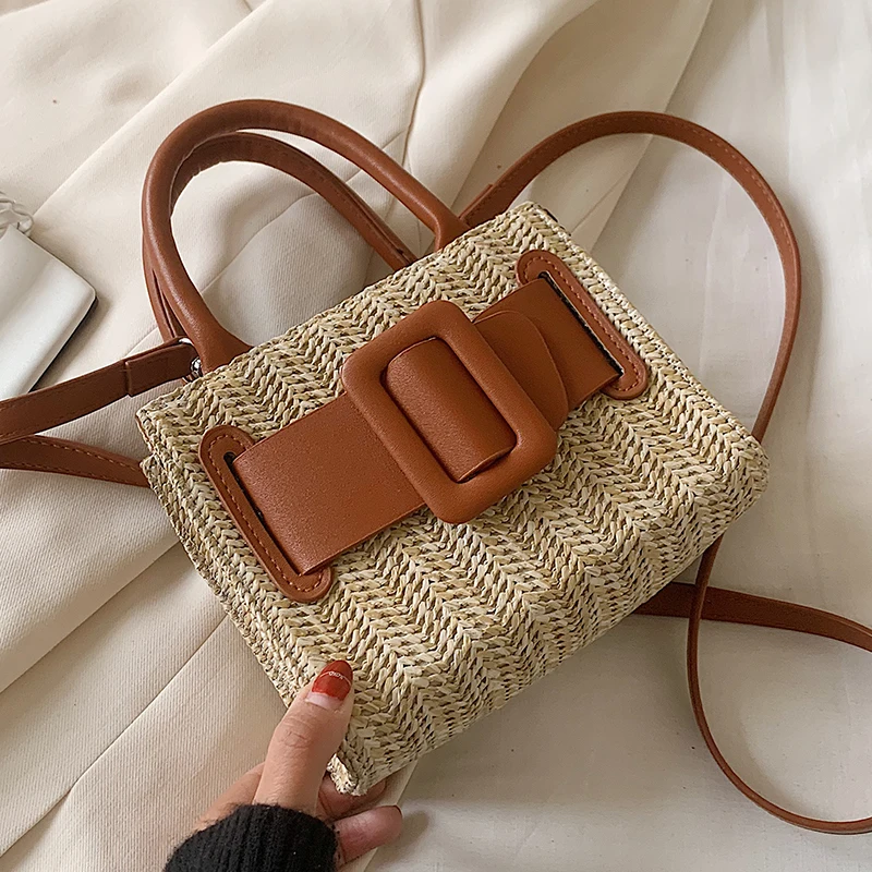 

Elegant Female Contrast Color Tote Bag 2020 Summer New High-Quality Straw Women's Designer Handbag Travel Shoulder Messenger Bag