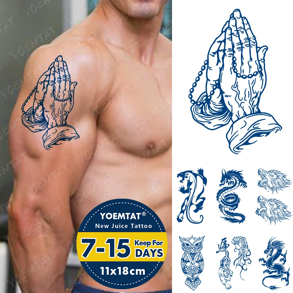 

Juice Ink Tattoos Body Art Lasting Waterproof Temporary Tattoo Sticker Hands Of Prayer Tatoo Arm Fake Owl Wolf Dragon Tatto Men
