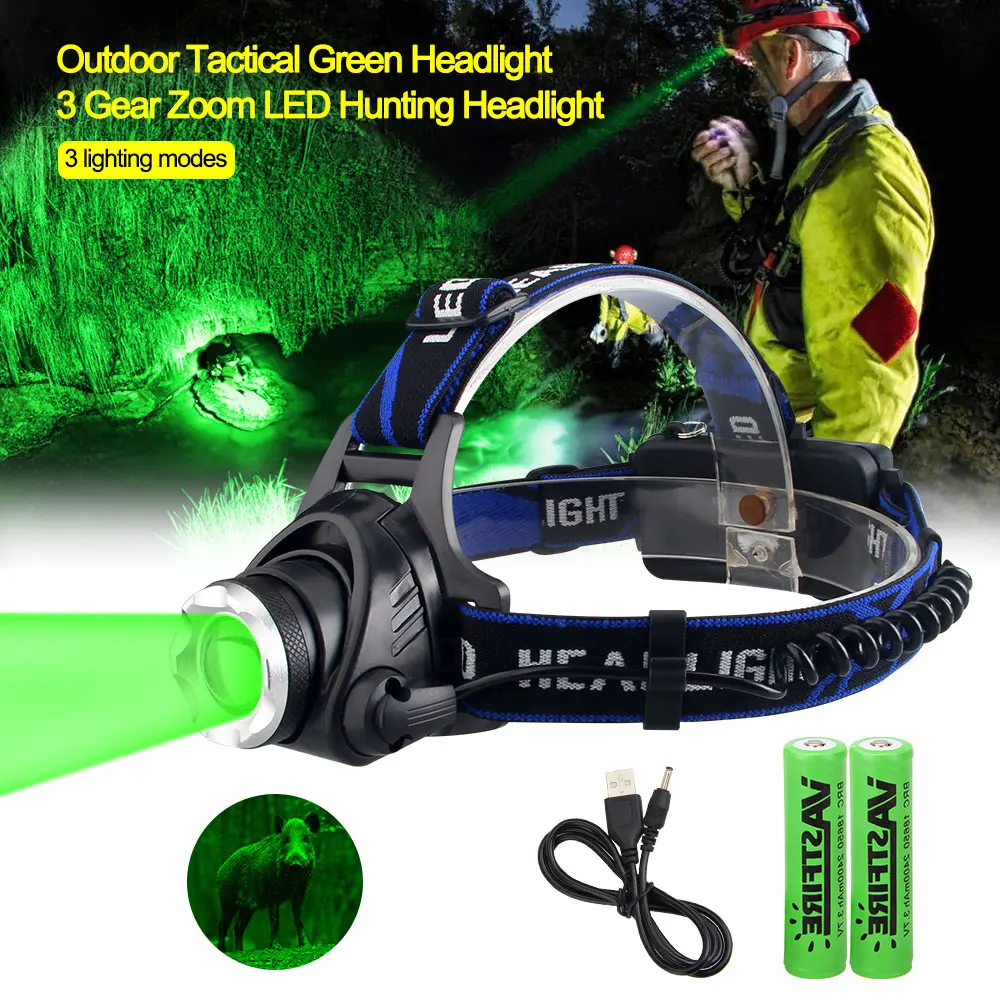 

2000LM Q5 Zoomable Headlamp Green/Red/UV 395nm Light Outdoor UV Headlight Waterproof USB Head Lamp 3 Modes Torch Hunting Lantern