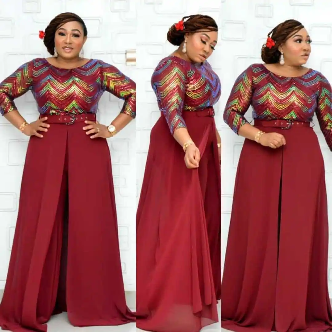 2021 Women Muslim Jumpsuits Beading Long Sleeve Black Red Elegant Islamic Clothing Wide Leg Rompers | Тематическая одежда и