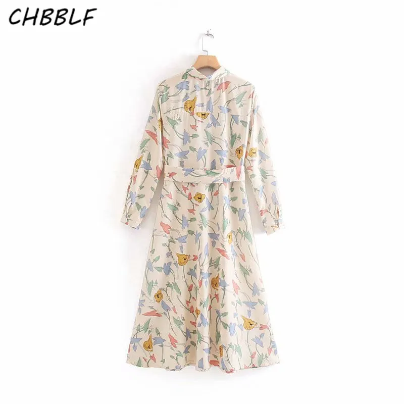 CHBBLF женское стильное платье рубашка с цветочным принтом длинными рукавами и