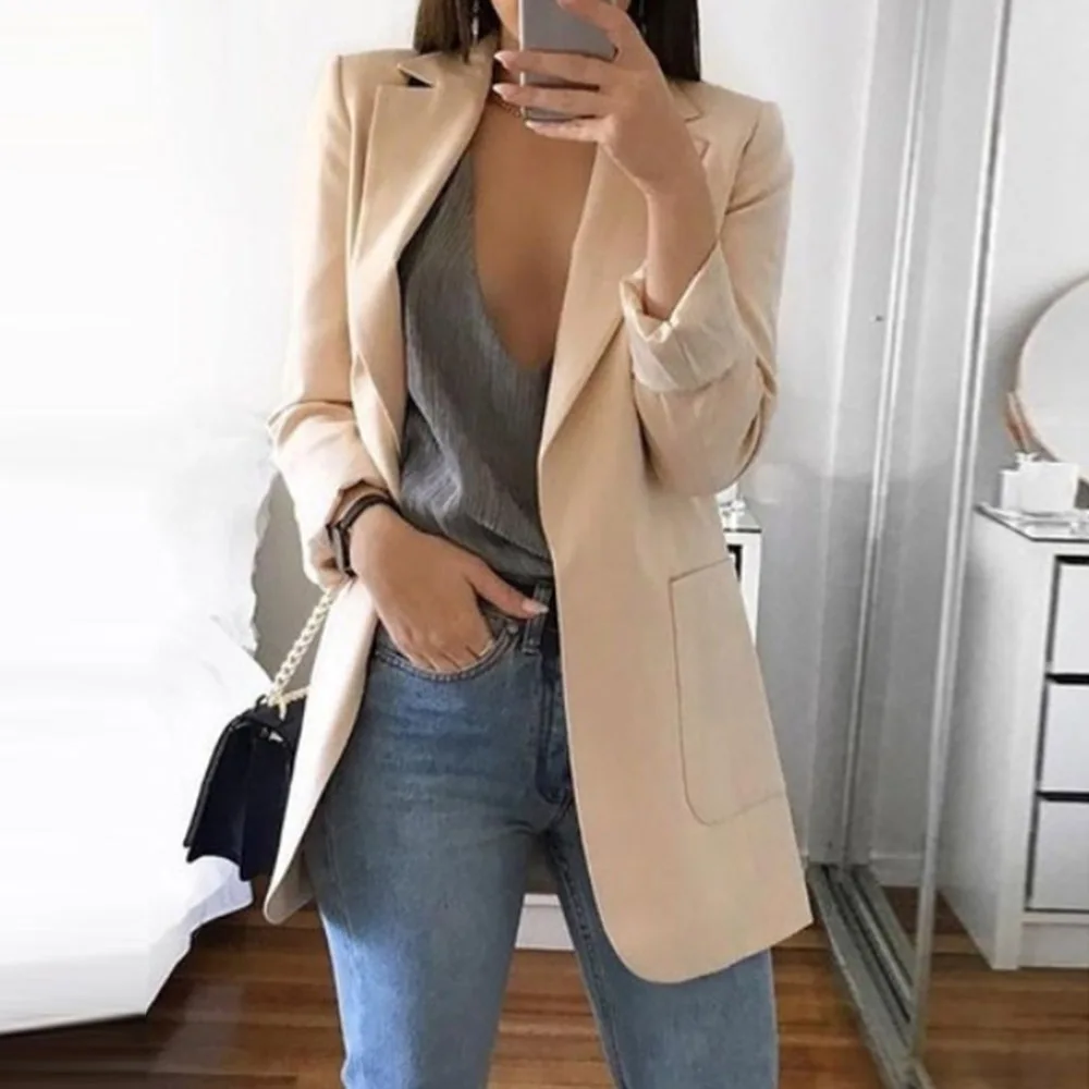 Весенний тренч для женщин длинный рукав однотонный простой с отворотом обычный