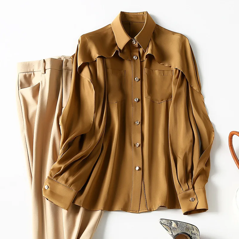 100% шелковая блузка черная рубашка Женский Топ с длинным рукавом Женские топы и