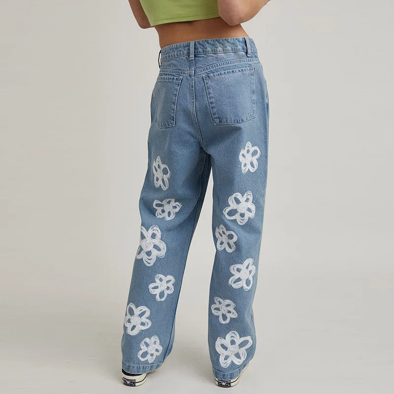 

2021 New Summer Vintage Jeans Woman Long Trousers Cowboy Female Loose Streetwear Flower Print Pants