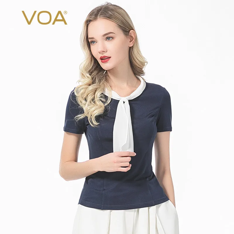

Женская двусторонняя трикотажная футболка VOA Silk 33 в момме, с коротким рукавом и плавающей свинцовой строчкой, эластичная футболка темно-син...