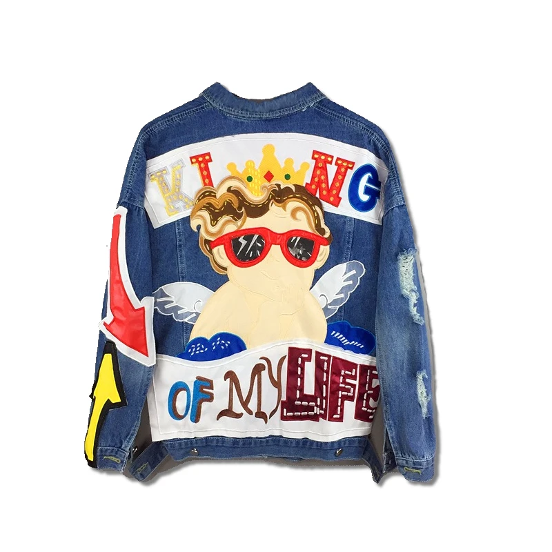 Женская джинсовая куртка свободная с принтом в виде мультяшных ангелов