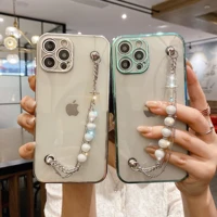 electroplated clear pearl bracelet phone case for iphone12 12pro max 11 pro max xr xs xs max soft silicone protective cover