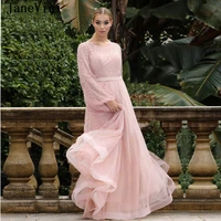 janevini 2020 luxury dusty pink prom dresses with puffy long sleeve scoop neck pearls tulle floor length a line prom party gowns