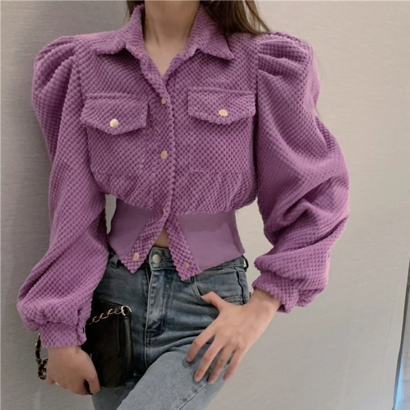 

JMPRS Elegant Women Shirt Fashion Puff Long Sleeve Tunic Korean High Waist Purple Tops Luxury Button Fall New Female Shirts